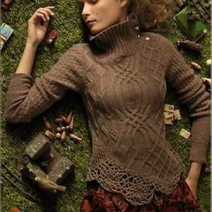 Anthropologie Moth Green Crochet Edge Knit Turtleneck Sweater